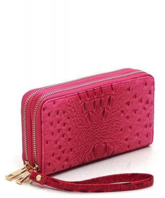 Ostrich Croc Double Zip Around Wallet Wristlet OS0012 FUCHSIA
